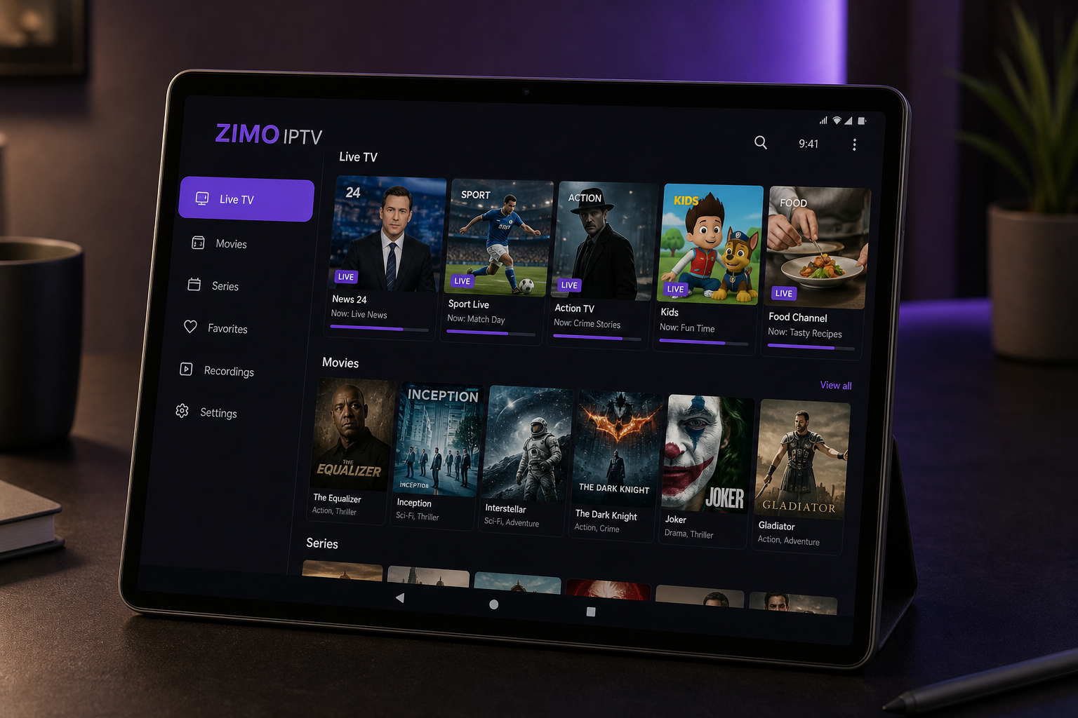 Zimo IPTV on a tablet in landscape mode