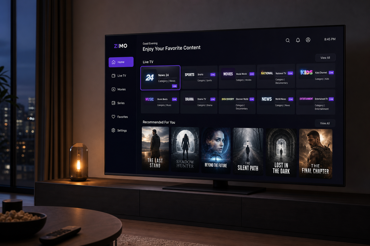 Zimo IPTV running on a smart TV living-room setup